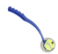 Blue plastic dog ball launcher with ergonomic handle featuring a fetch toy and attached tennis ball