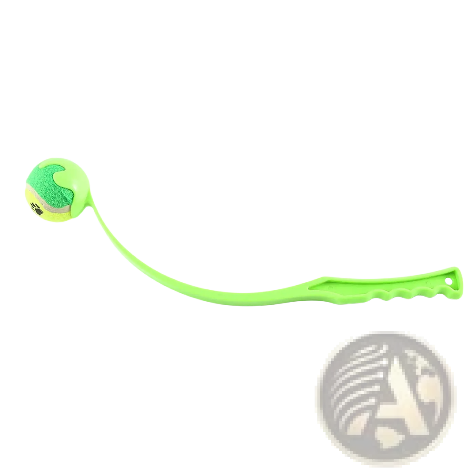 Bright green plastic dog ball launcher with ergonomic handle and textured ball for easy pet play