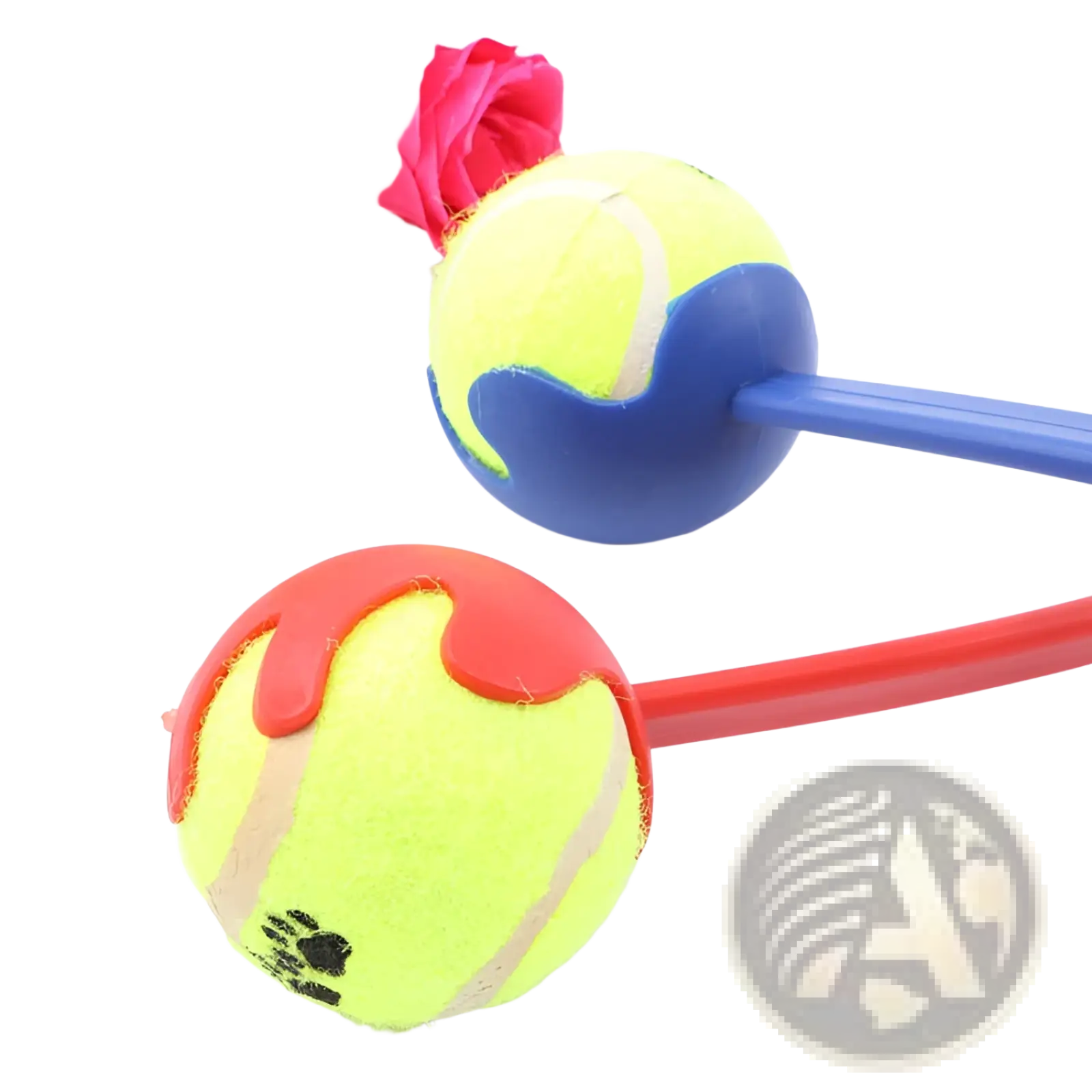 Bright yellow dog ball launcher with ergonomic colorful plastic handle and paw print decals for easy throwing