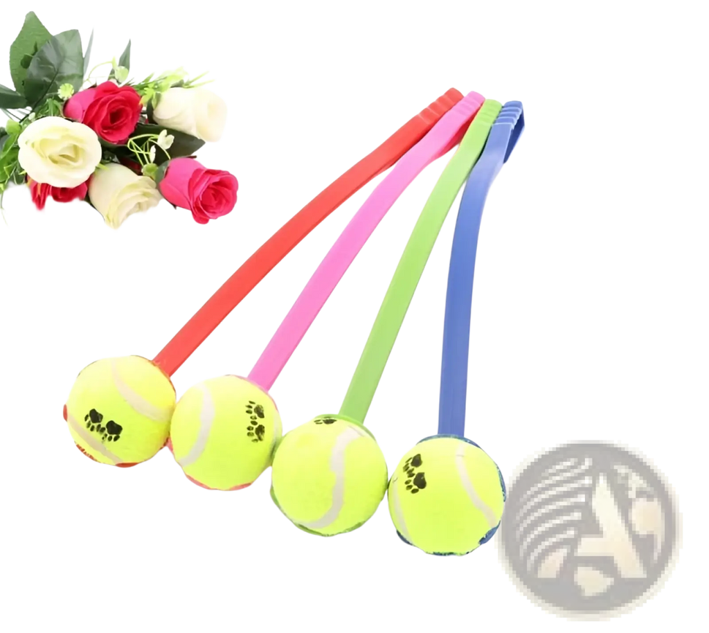 Four colorful dog ball launchers with ergonomic soft flexible handles in red pink green and blue for easy play