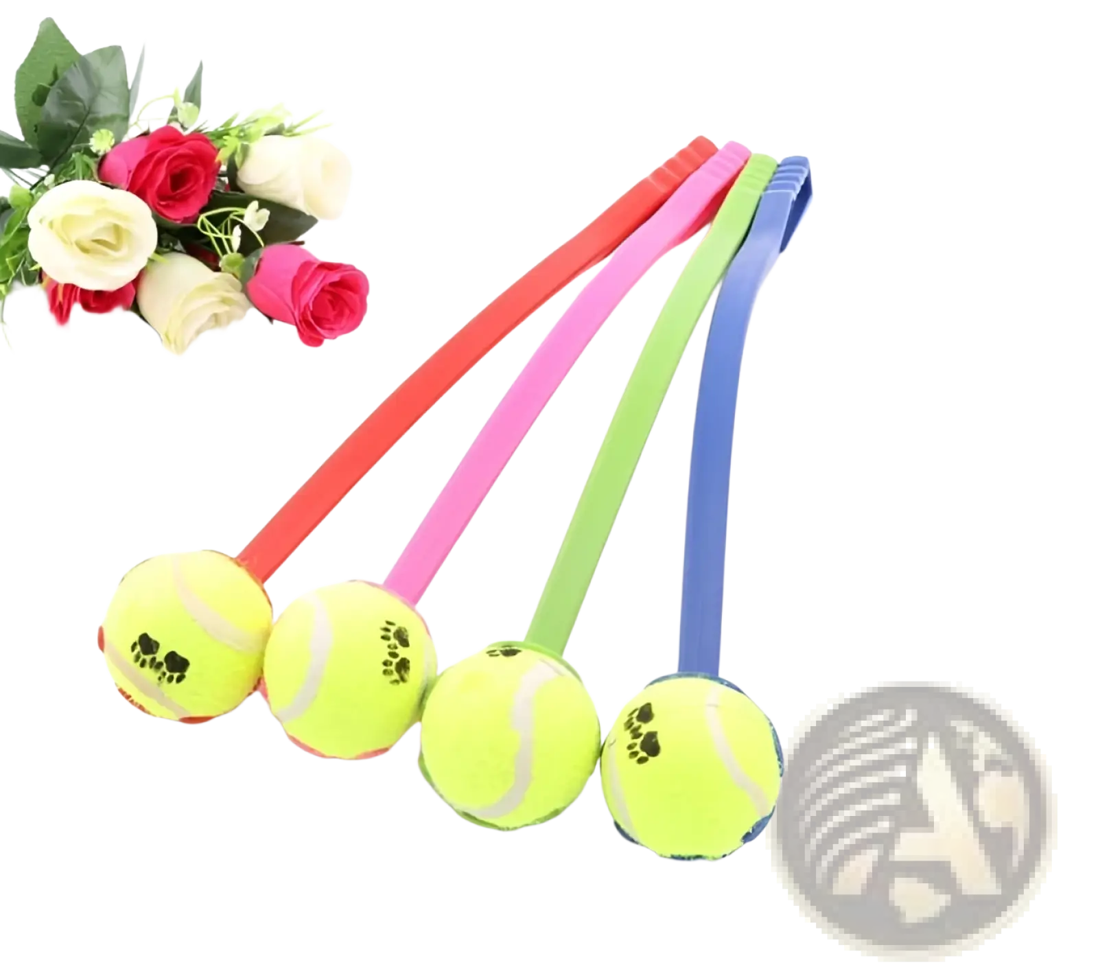 Four colorful dog ball launchers with ergonomic soft flexible handles in red pink green and blue for easy play