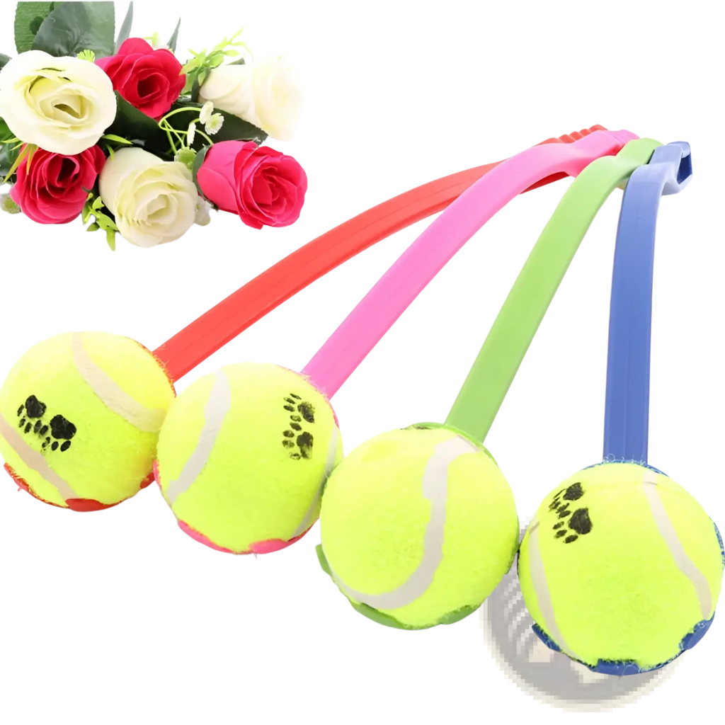 Four neon yellow dog ball launcher tennis balls with black paw prints and colorful ergonomic silicone handles in red pink green and blue
