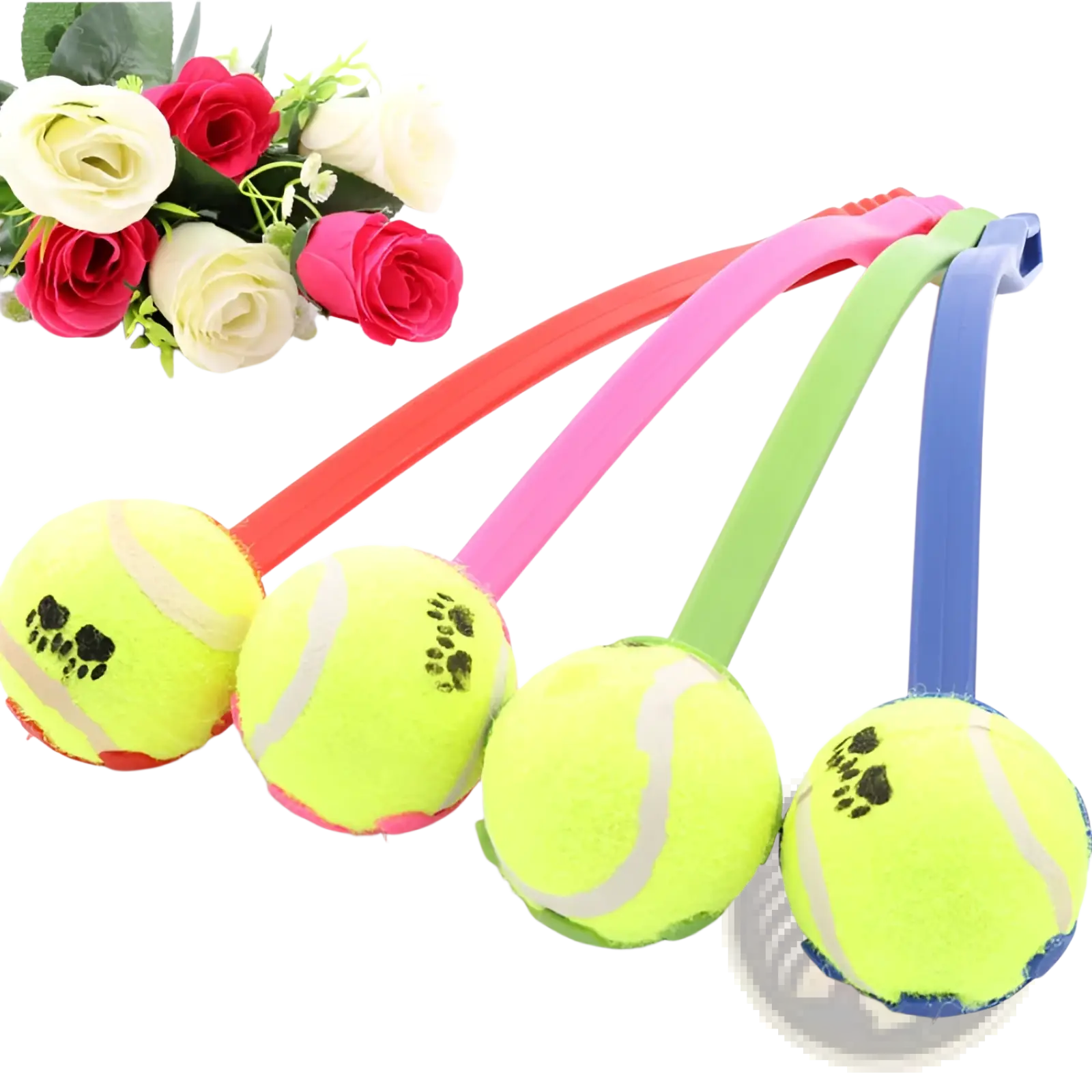 Four neon yellow dog ball launcher tennis balls with black paw prints and colorful ergonomic silicone handles in red pink green and blue