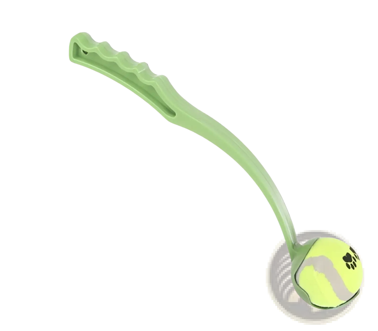 Green plastic dog ball launcher with ergonomic curved handle and yellow tennis ball head featuring black paw prints