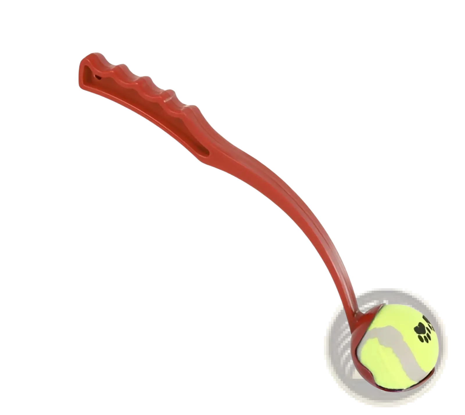 Red plastic dog ball launcher with ergonomic handle featuring a yellow tennis ball attached for fetch play