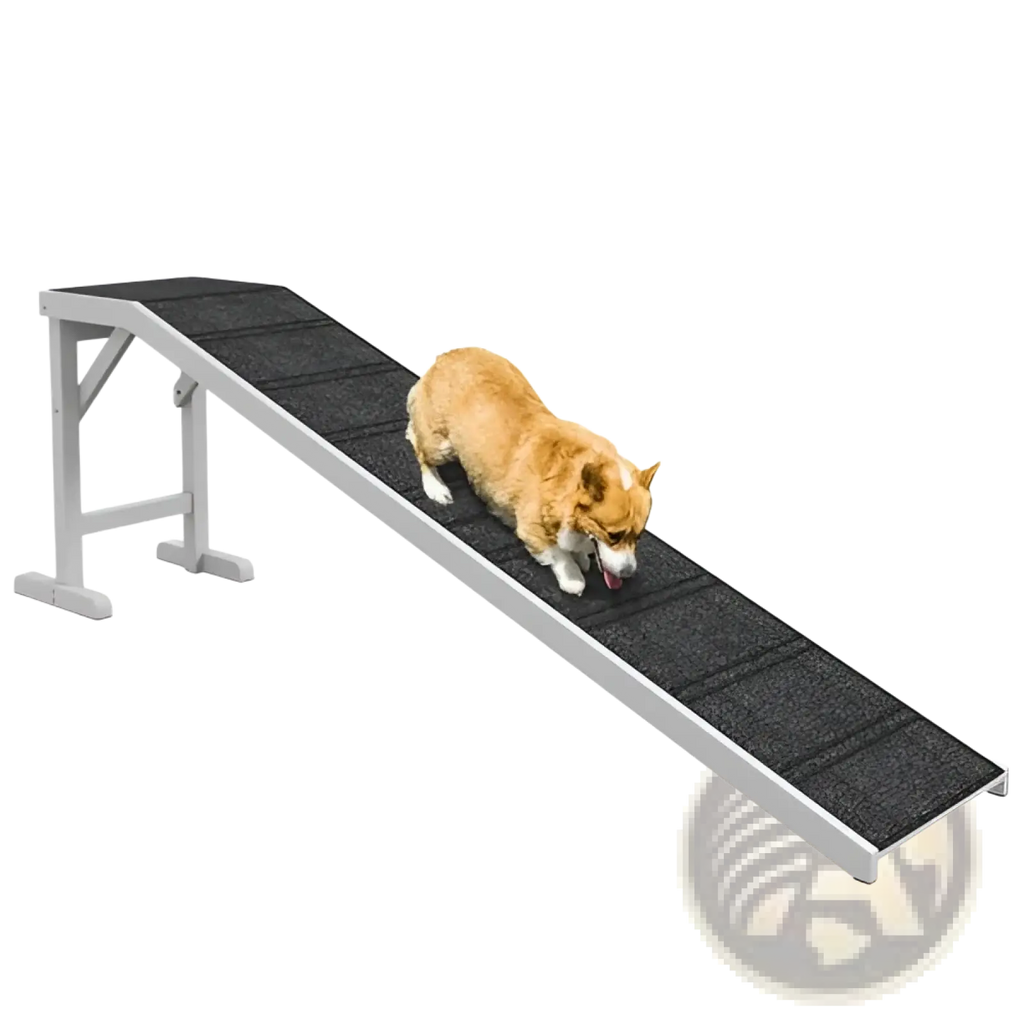 A sturdy silver-framed dog bed ramp with a black non-slip carpeted surface and platform for easy pet access