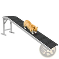 A sturdy silver-framed dog bed ramp with a black non-slip carpeted surface and platform for easy pet access