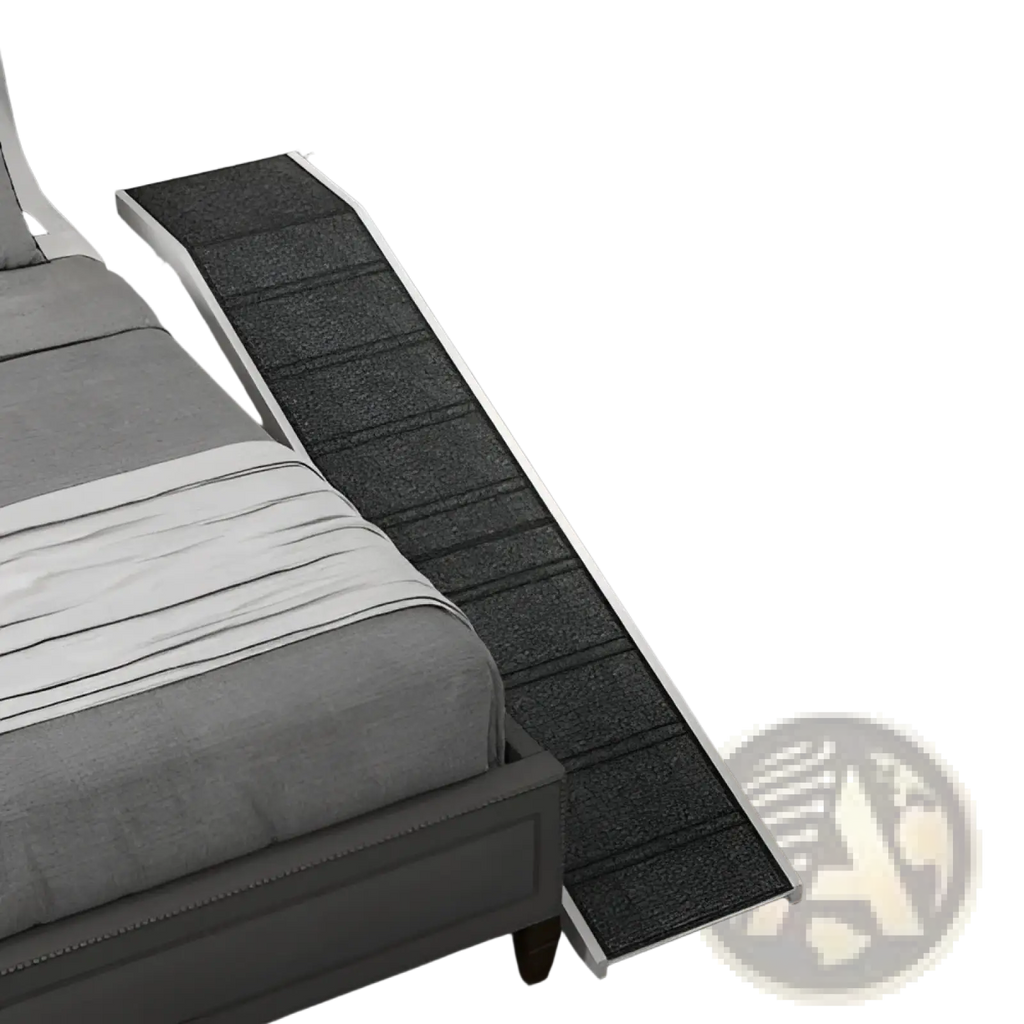 Gray textured dog bed ramp with white trim featuring non-slip carpet and platform for easy pet access