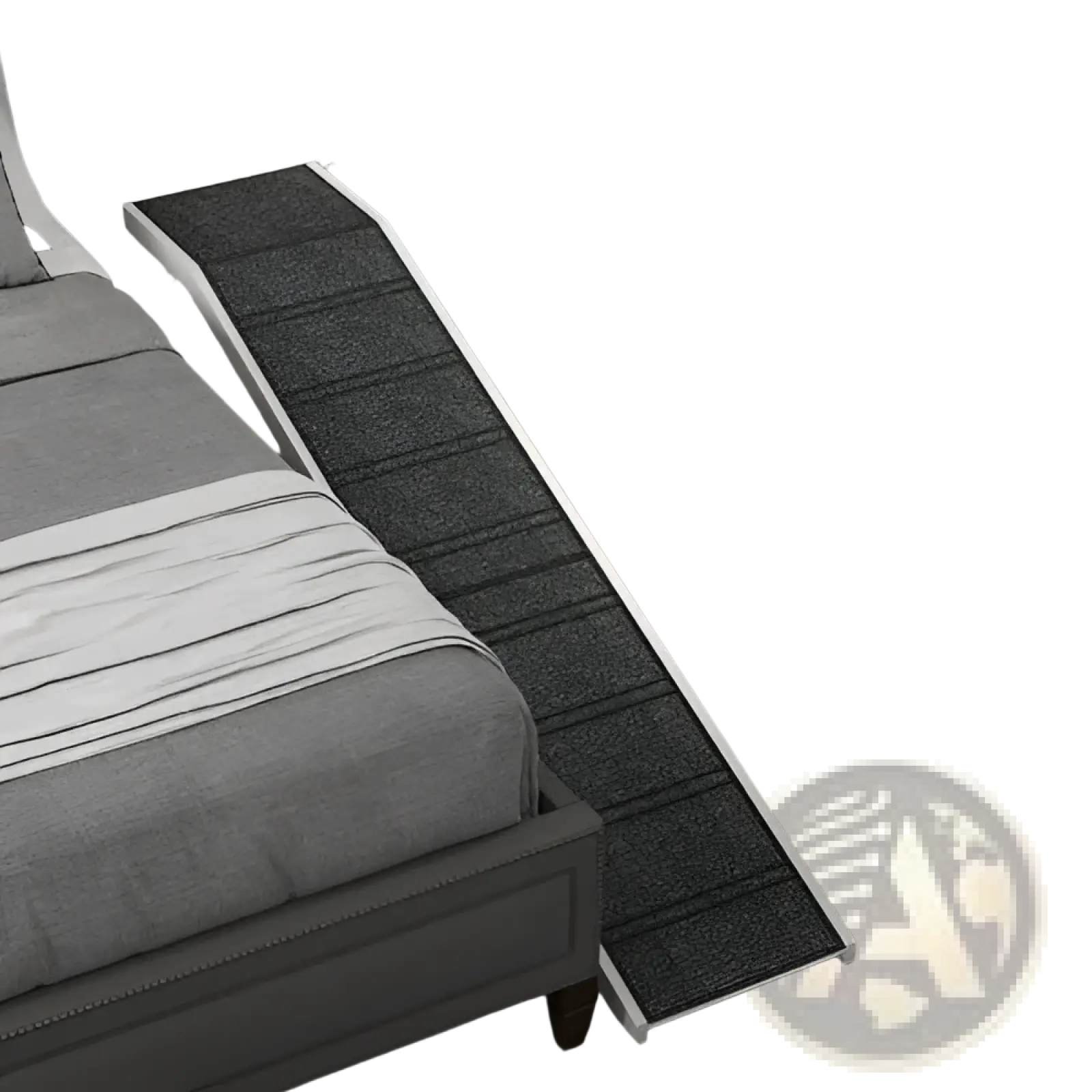 Gray textured dog bed ramp with white trim featuring non-slip carpet and platform for easy pet access