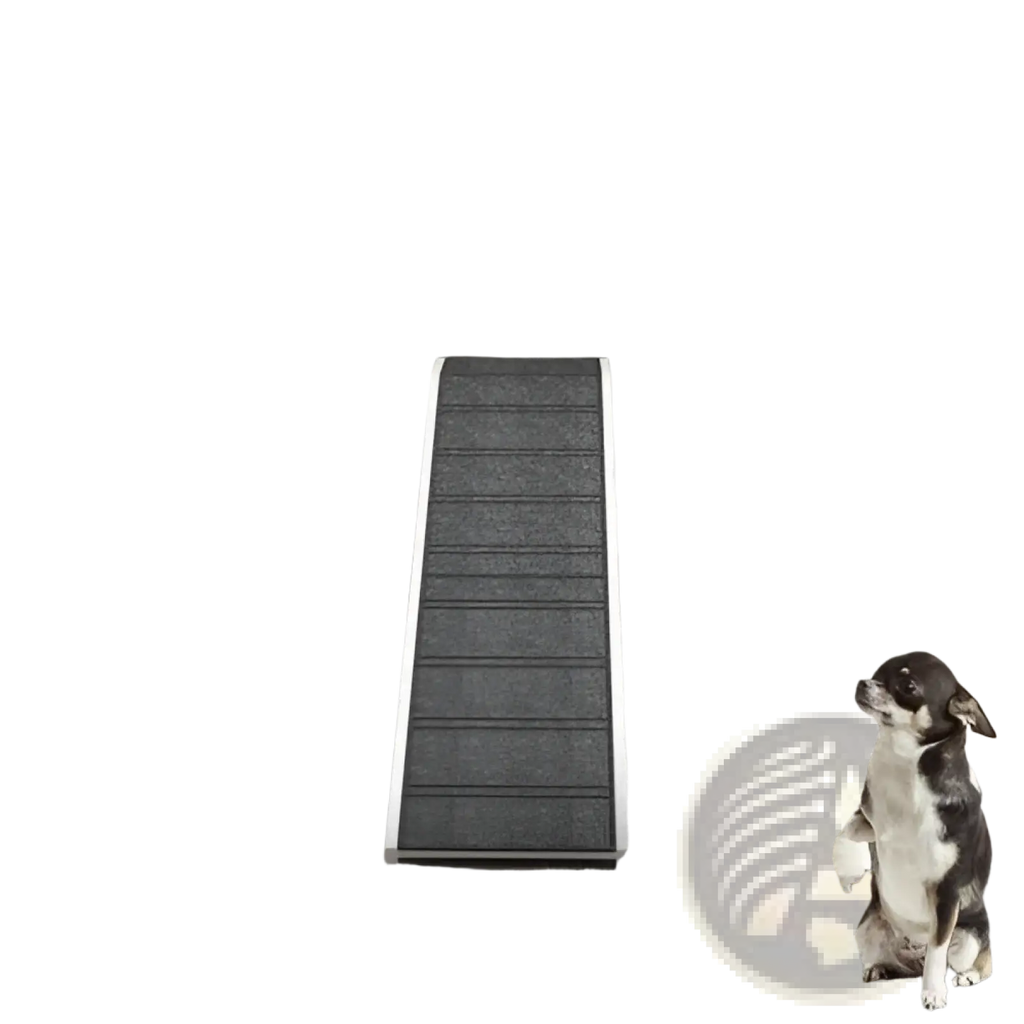 Gray textured dog bed ramp with white edges featuring non-slip carpet for safe access to elevated surfaces