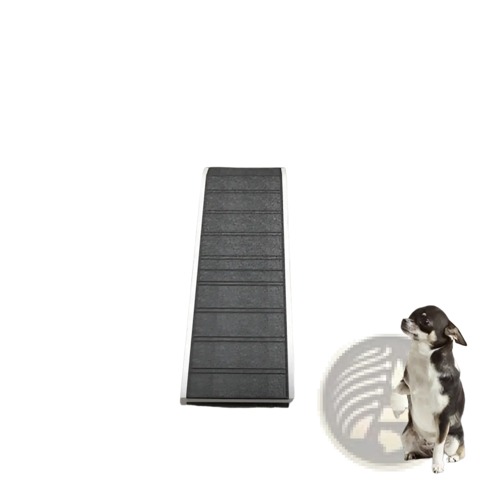Gray textured dog bed ramp with white edges featuring non-slip carpet for safe access to elevated surfaces