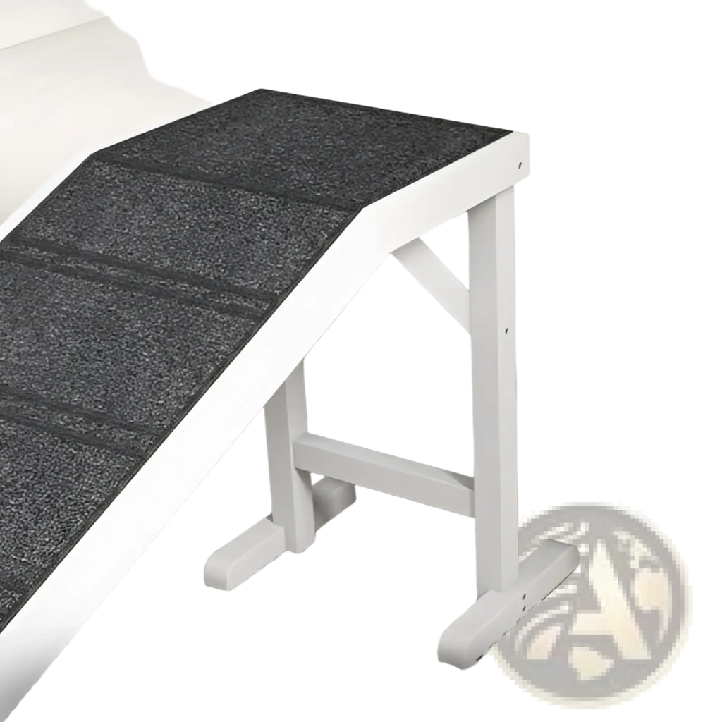 White wooden dog bed ramp with dark gray textured non-slip carpet surface for safe pet access