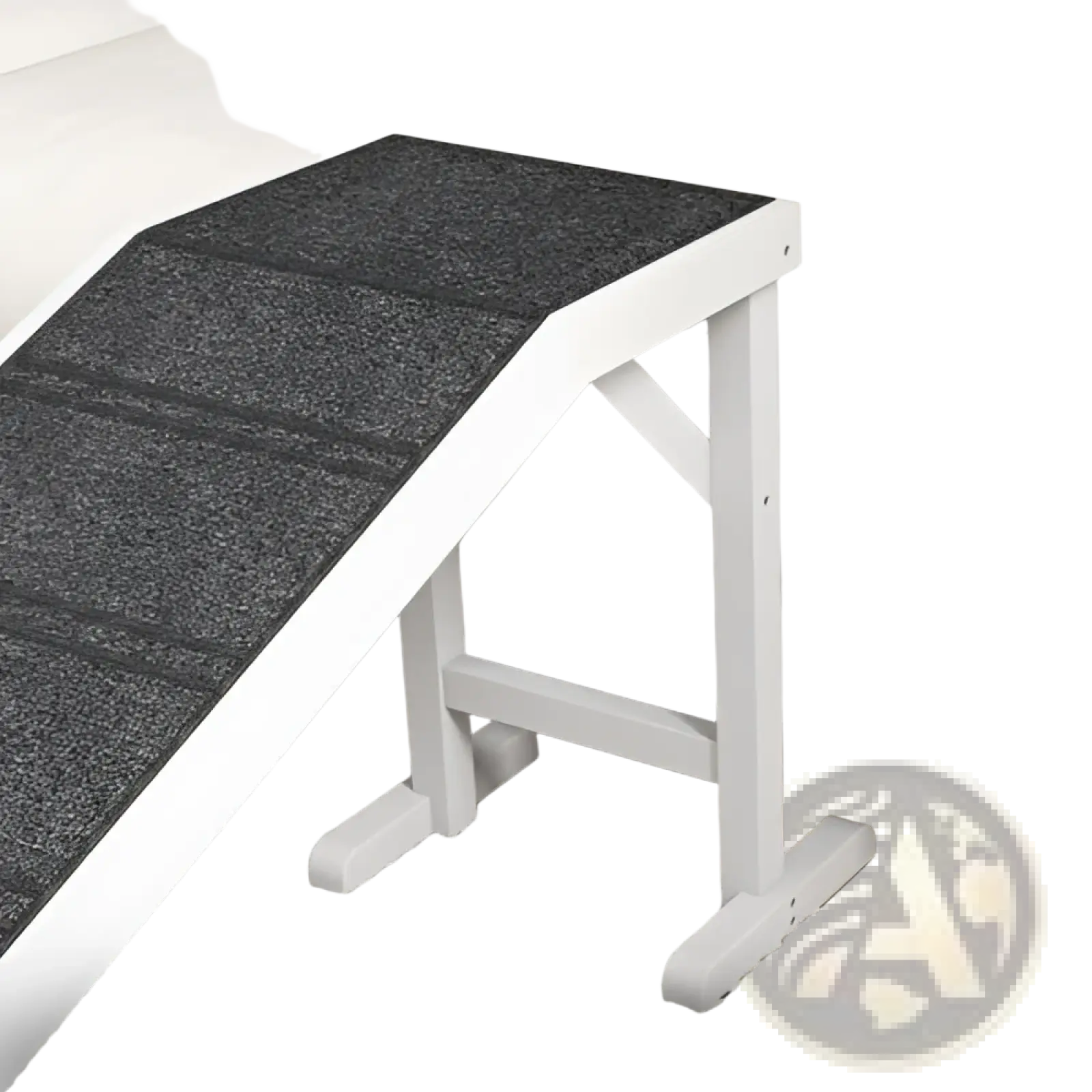 White wooden dog bed ramp with dark gray textured non-slip carpet surface for safe pet access