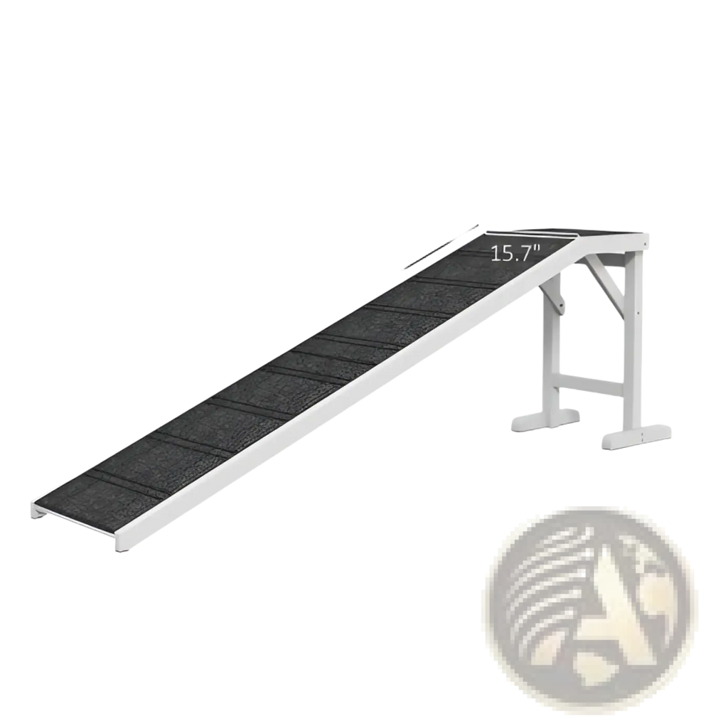 White-framed dog bed ramp with a black textured non-slip carpet surface for safe pet access