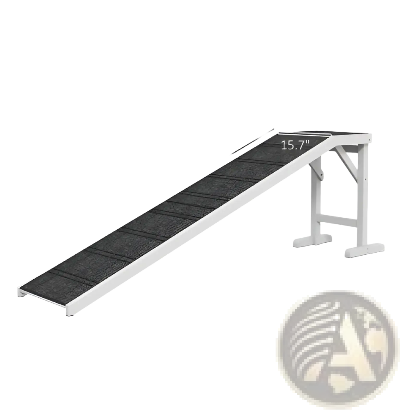 White-framed dog bed ramp with a black textured non-slip carpet surface for safe pet access