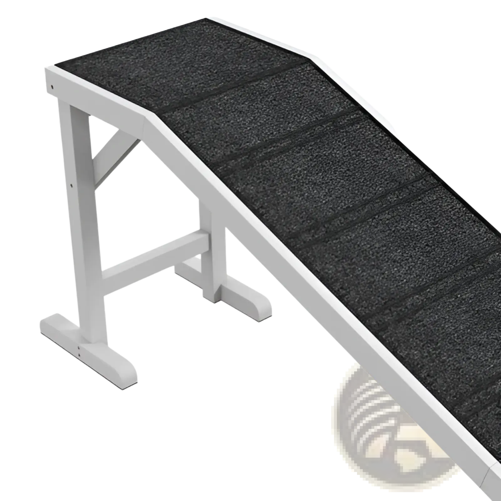 White plastic dog bed ramp with textured black non-slip carpet surface for safe pet access to elevated areas