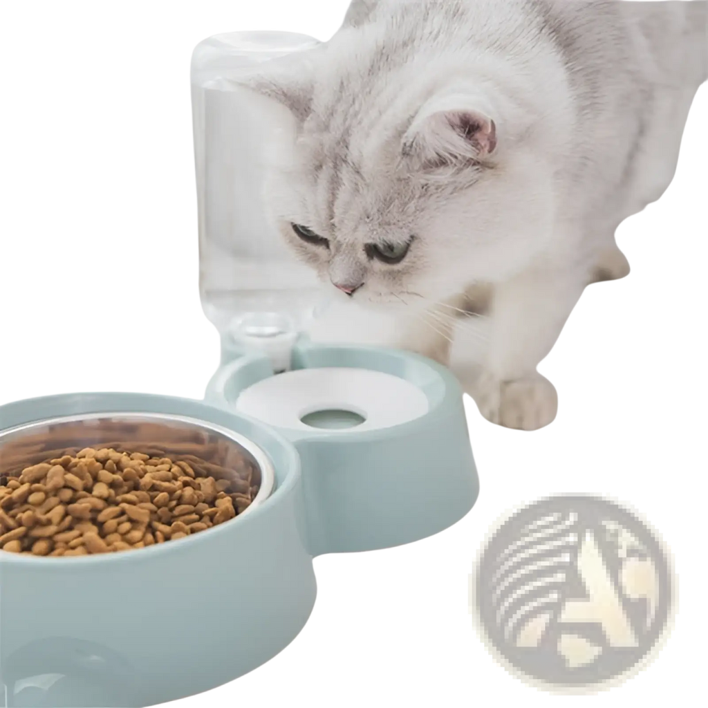 Light blue dual-compartment dog bowl automatic water dispenser with stainless steel feeder and clear water container