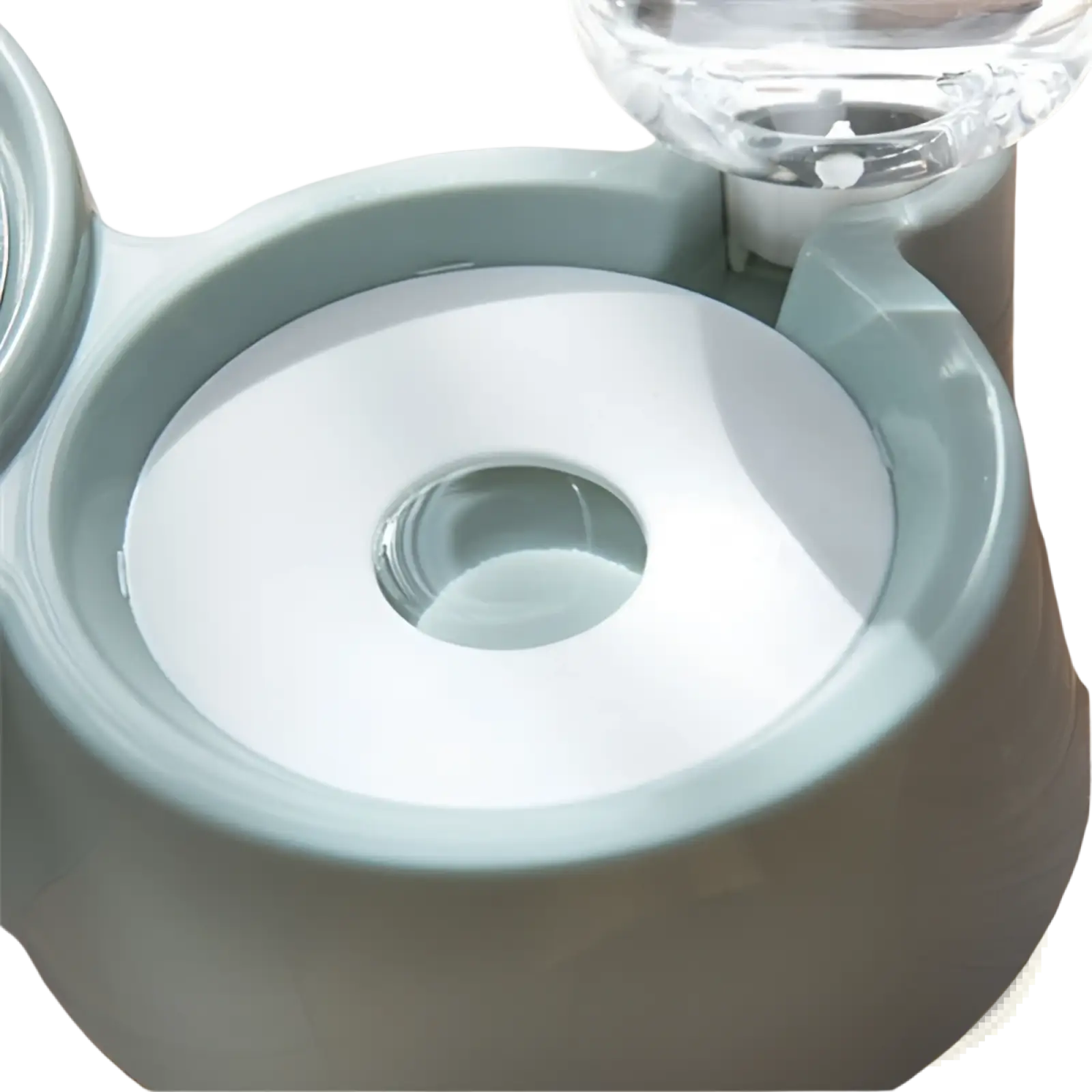 Light gray plastic base with clear glass reservoir for dog bowl automatic water dispenser stainless steel pet feeder