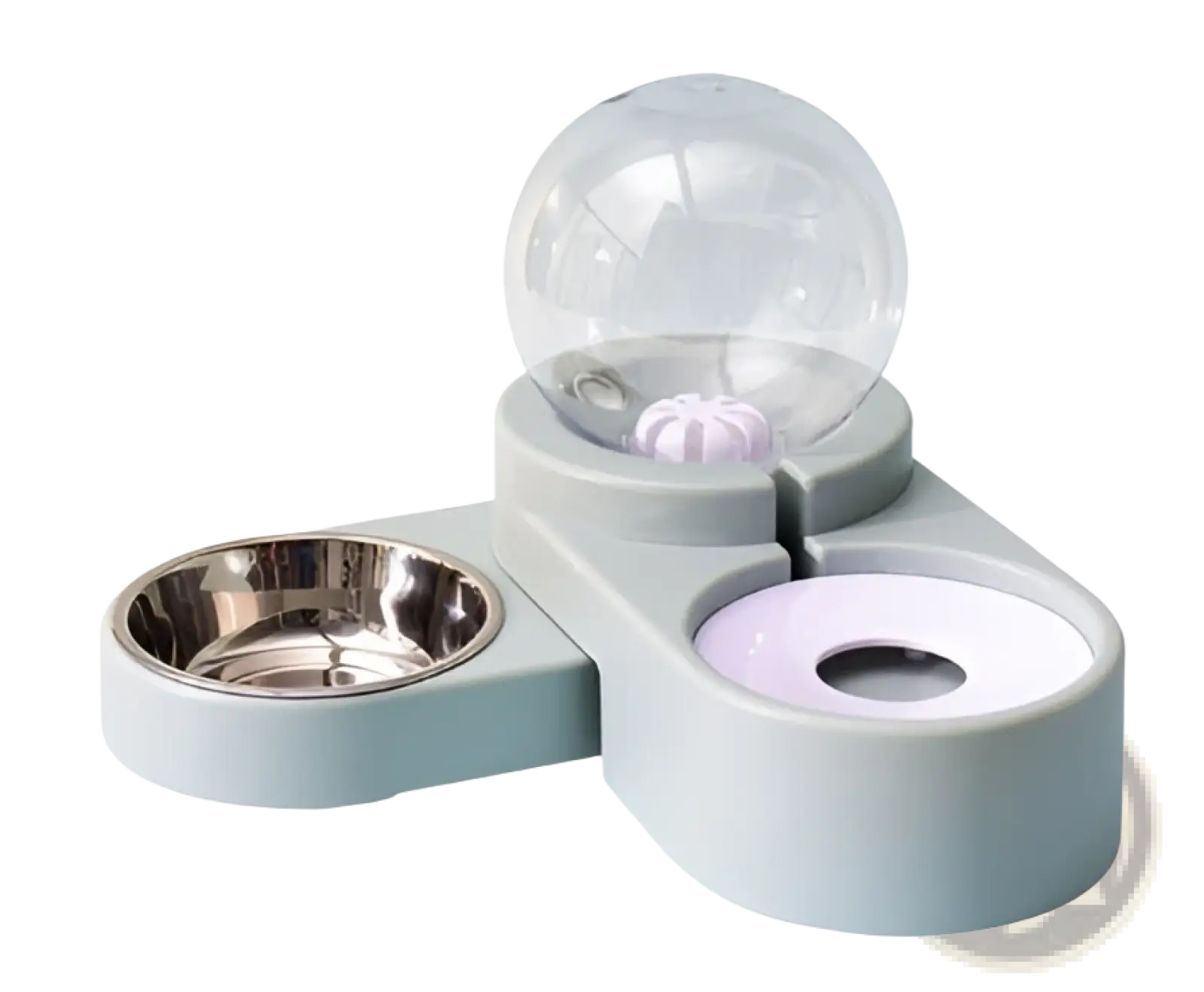 Light blue dog bowl automatic water dispenser with clear spherical water reservoir and stainless steel food bowl