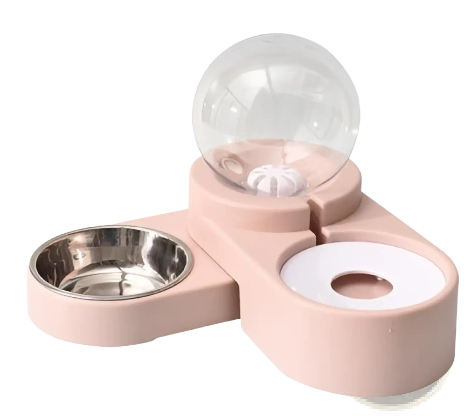 Pink dog bowl automatic water dispenser with clear spherical water tank and stainless steel food feeder bowl