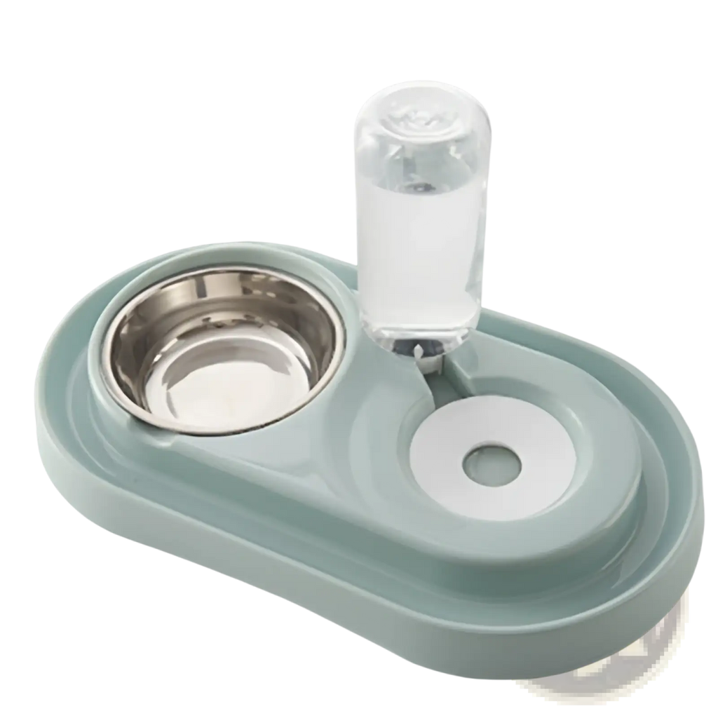 Light blue plastic dog bowl with stainless steel feeder and clear automatic water dispenser for pets
