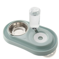 Light blue plastic dog bowl with stainless steel feeder and clear automatic water dispenser for pets