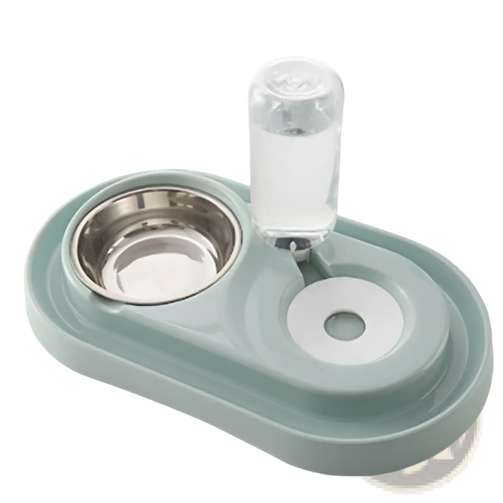 Light blue plastic dog bowl with stainless steel feeder and clear automatic water dispenser for pets