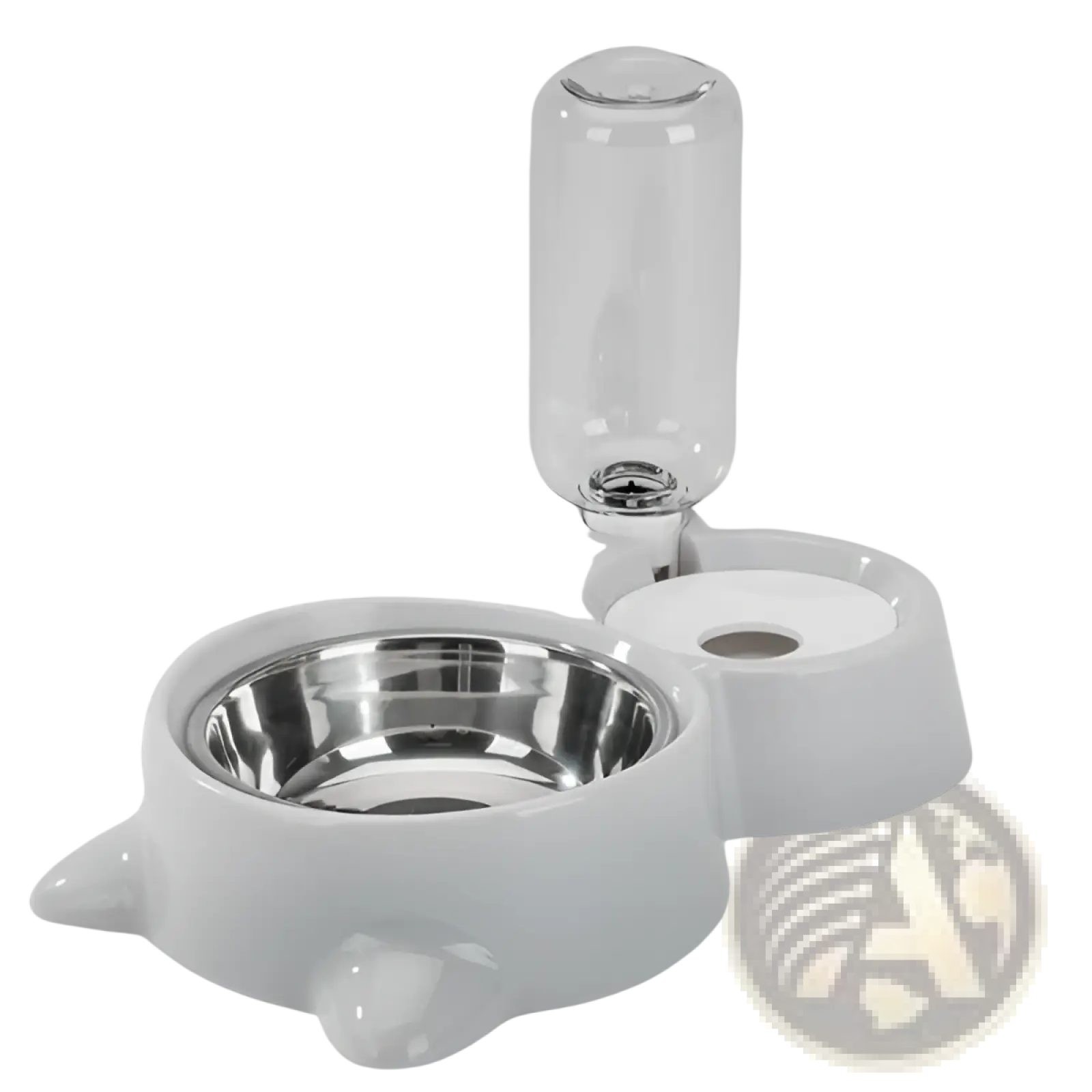 White ceramic dog bowl with stainless steel pet feeder and clear glass automatic water dispenser
