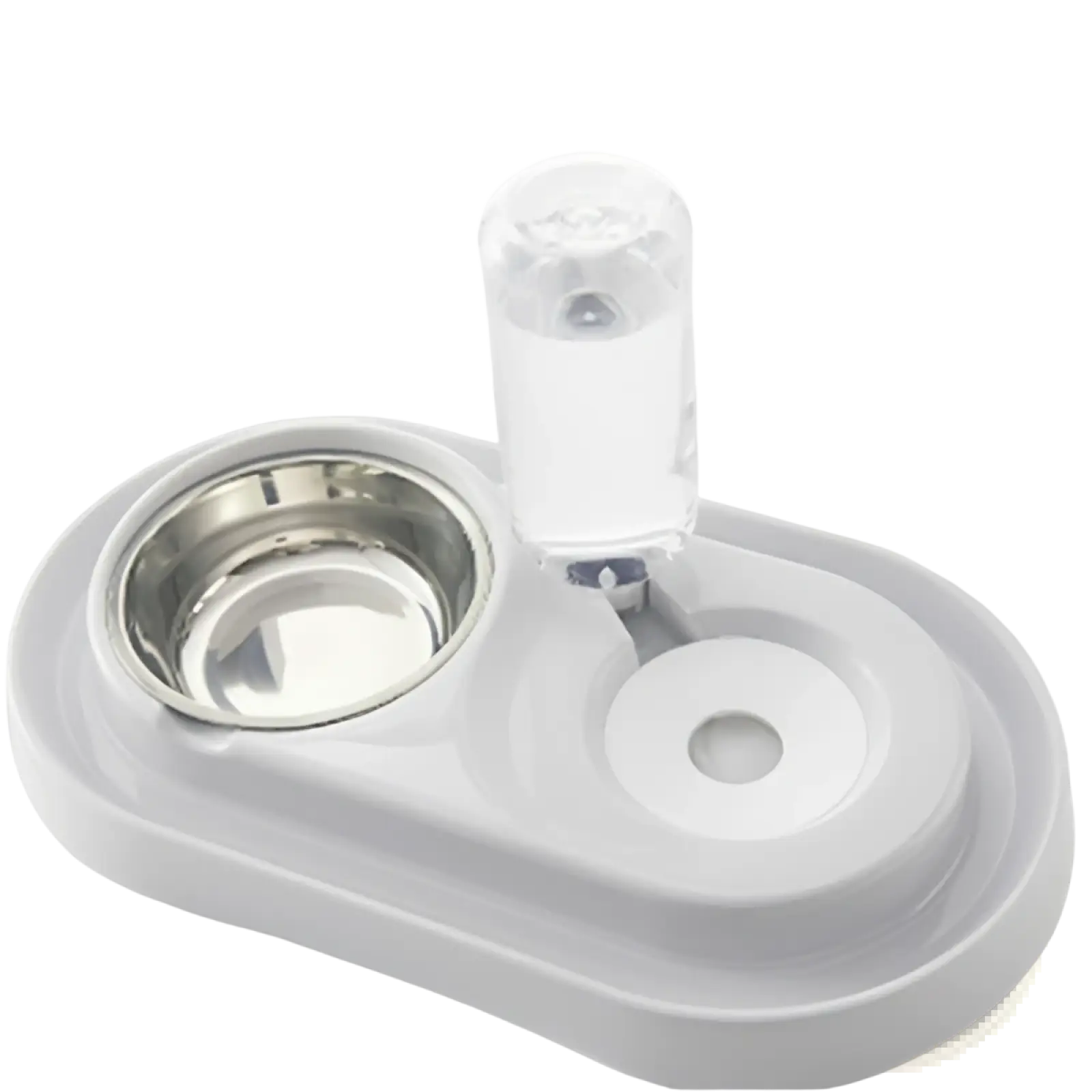 White plastic dog bowl automatic water dispenser with stainless steel feeder and clear water container