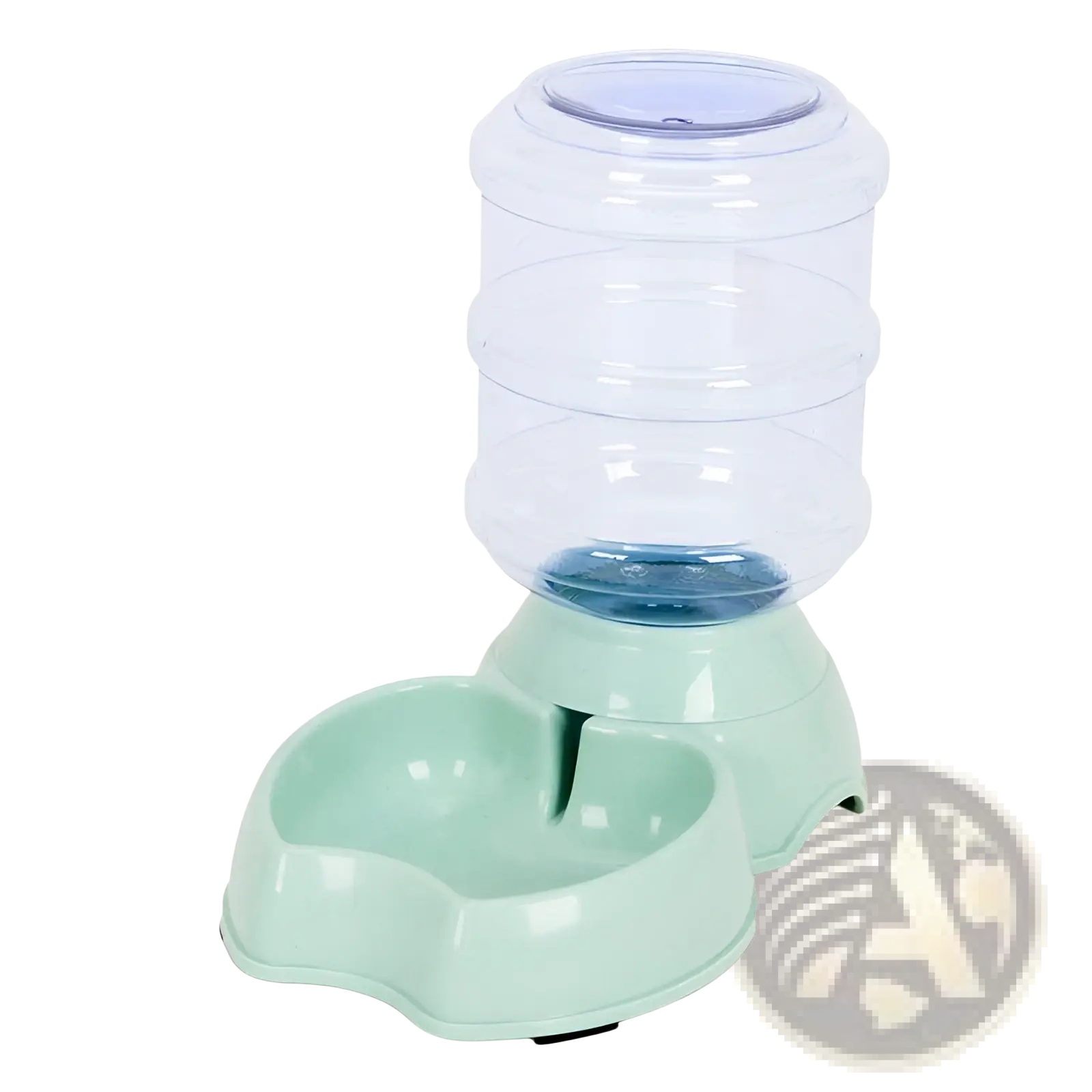 A clear plastic dog bowl automatic water dispenser with a mint green stainless steel base for pet feeding