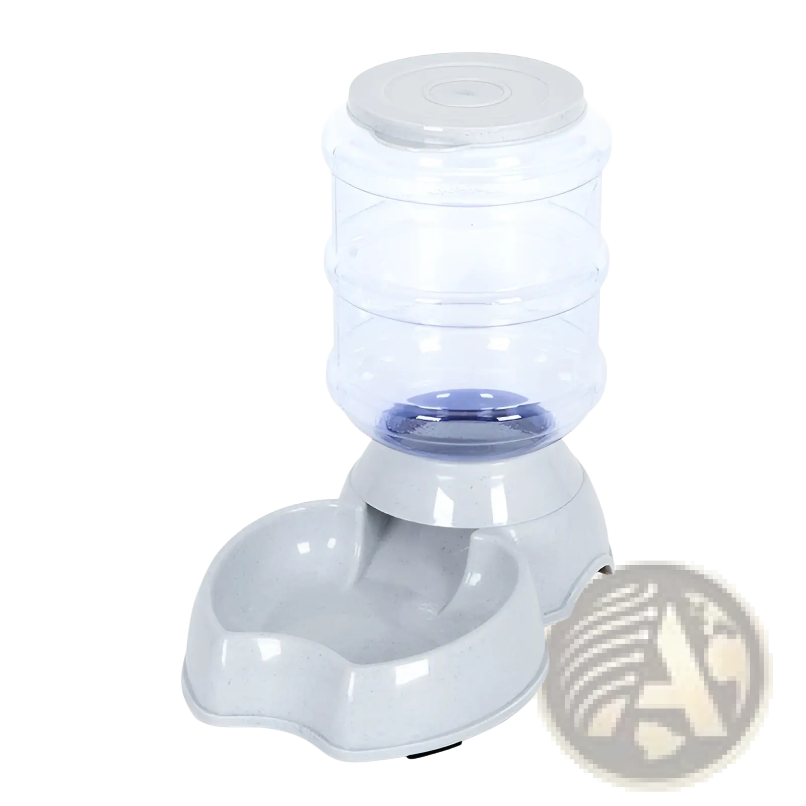 Gray plastic automatic pet feeder with clear water reservoir and dual stainless steel feeding bowls for dogs