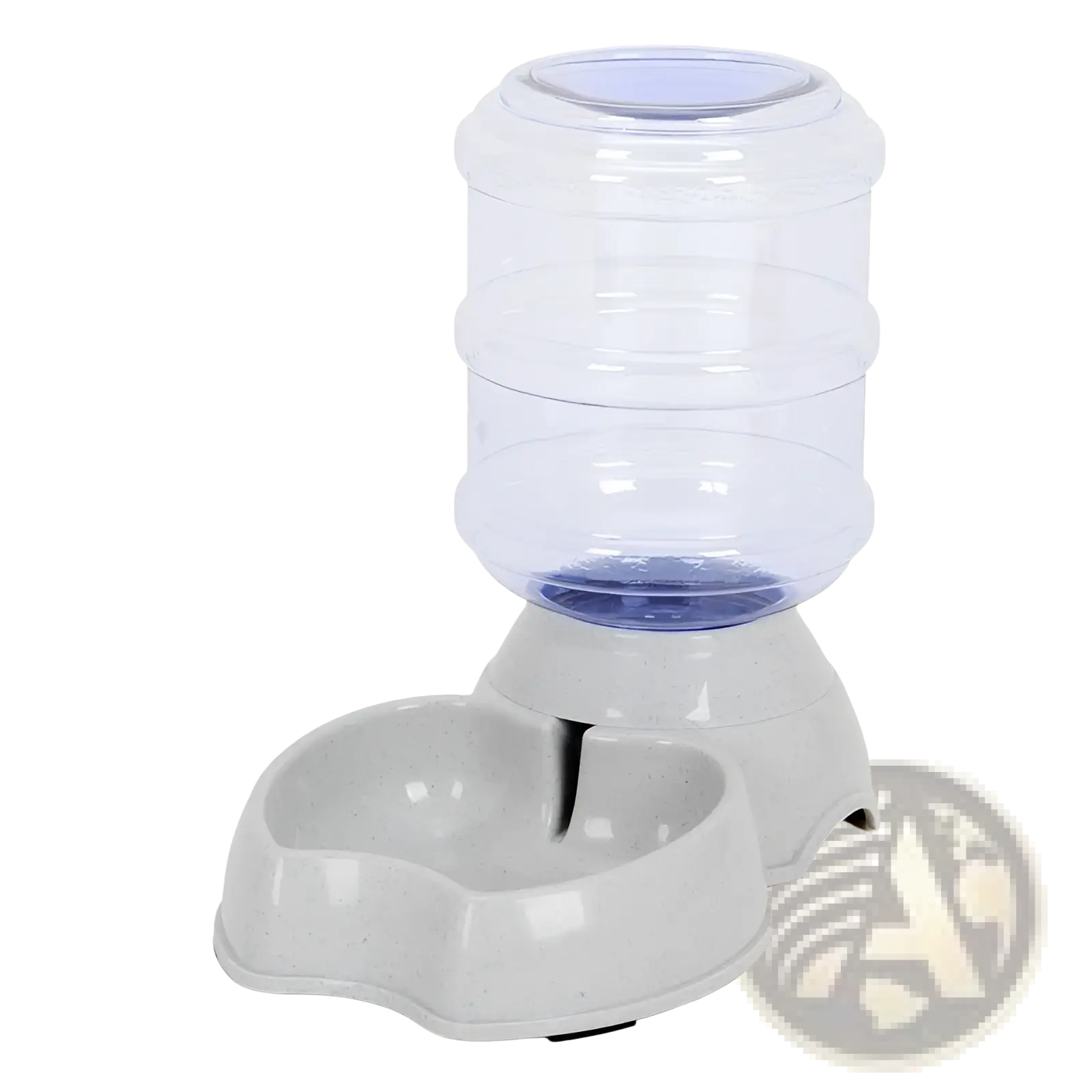 Clear plastic automatic water dispenser with gray base and blue interior stainless steel pet feeder for dogs