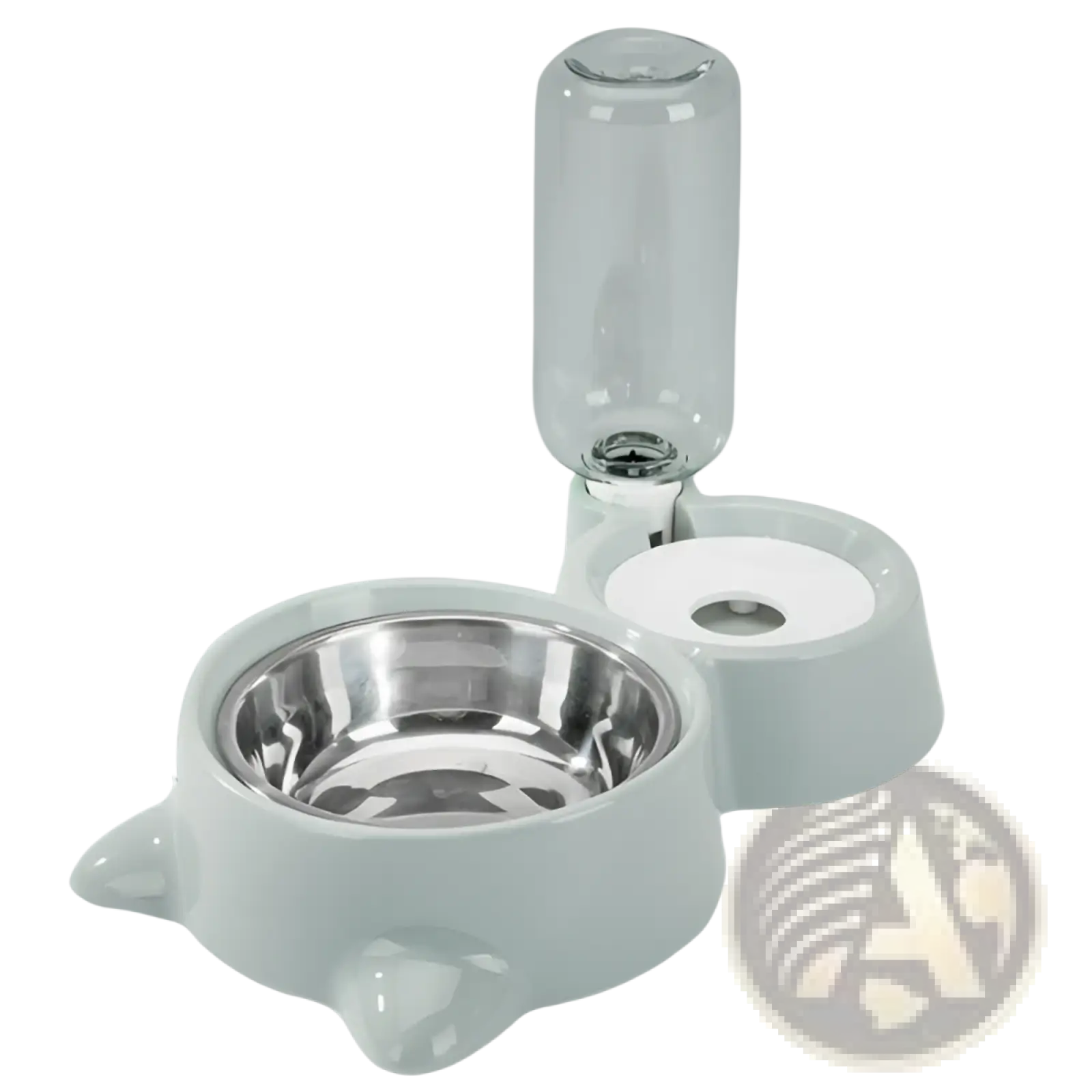 Light blue plastic dog bowl automatic water dispenser with stainless steel feeder bowl and clear glass water bottle on top