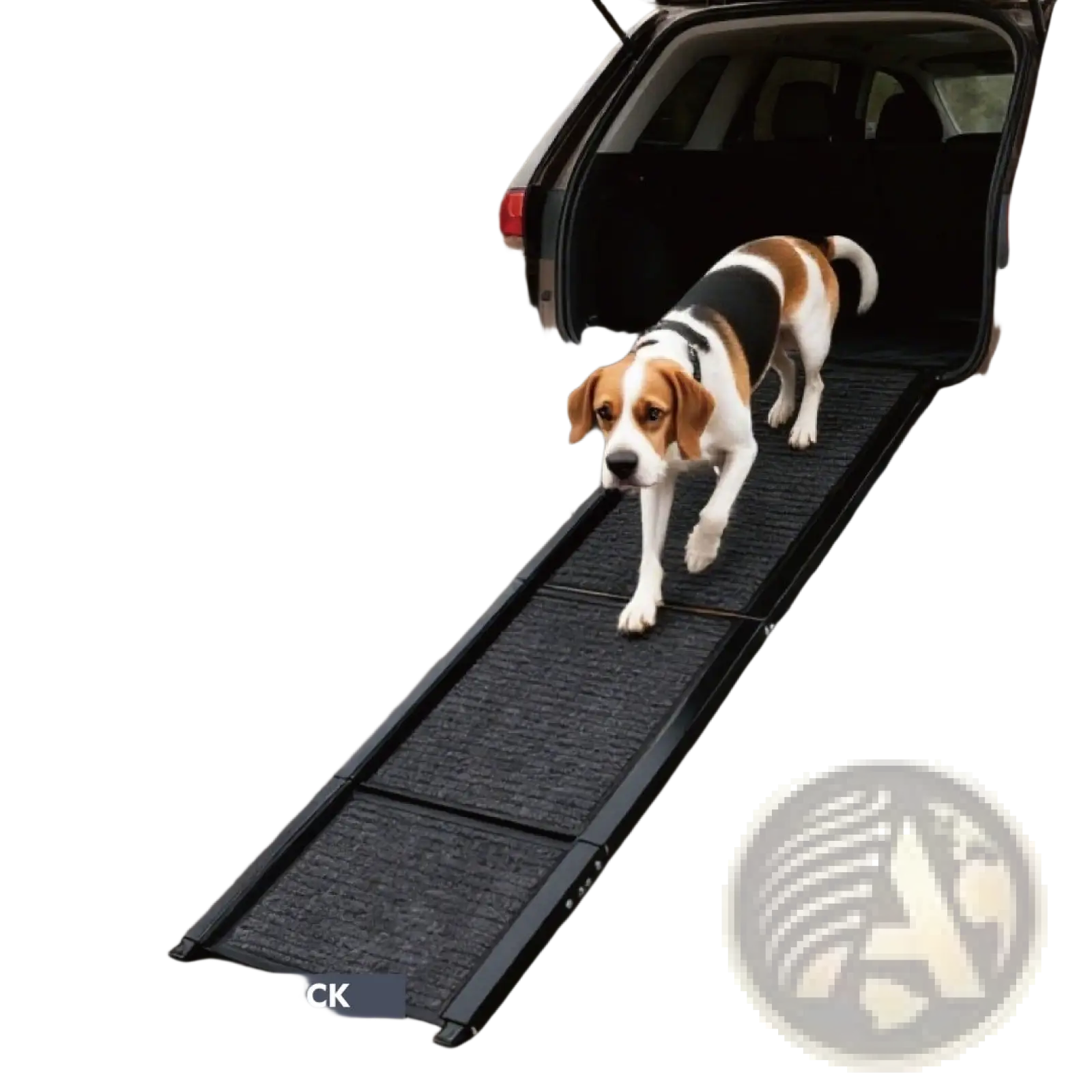 Black textured dog car ramp with metal frame showing back side folding portable pet steps supporting 250lbs