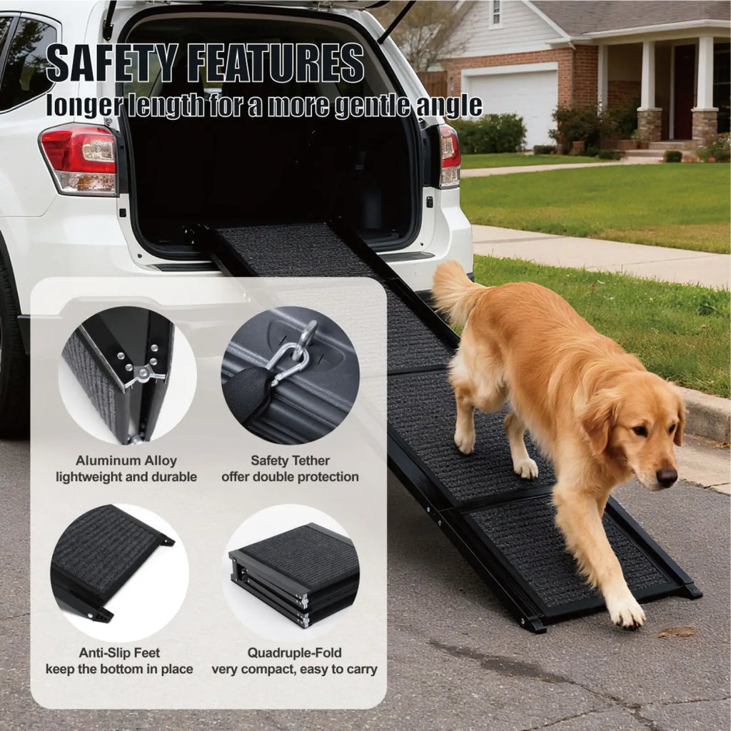 Black aluminum alloy dog car ramp with textured non-slip surface and safety tether supports up to 250lbs