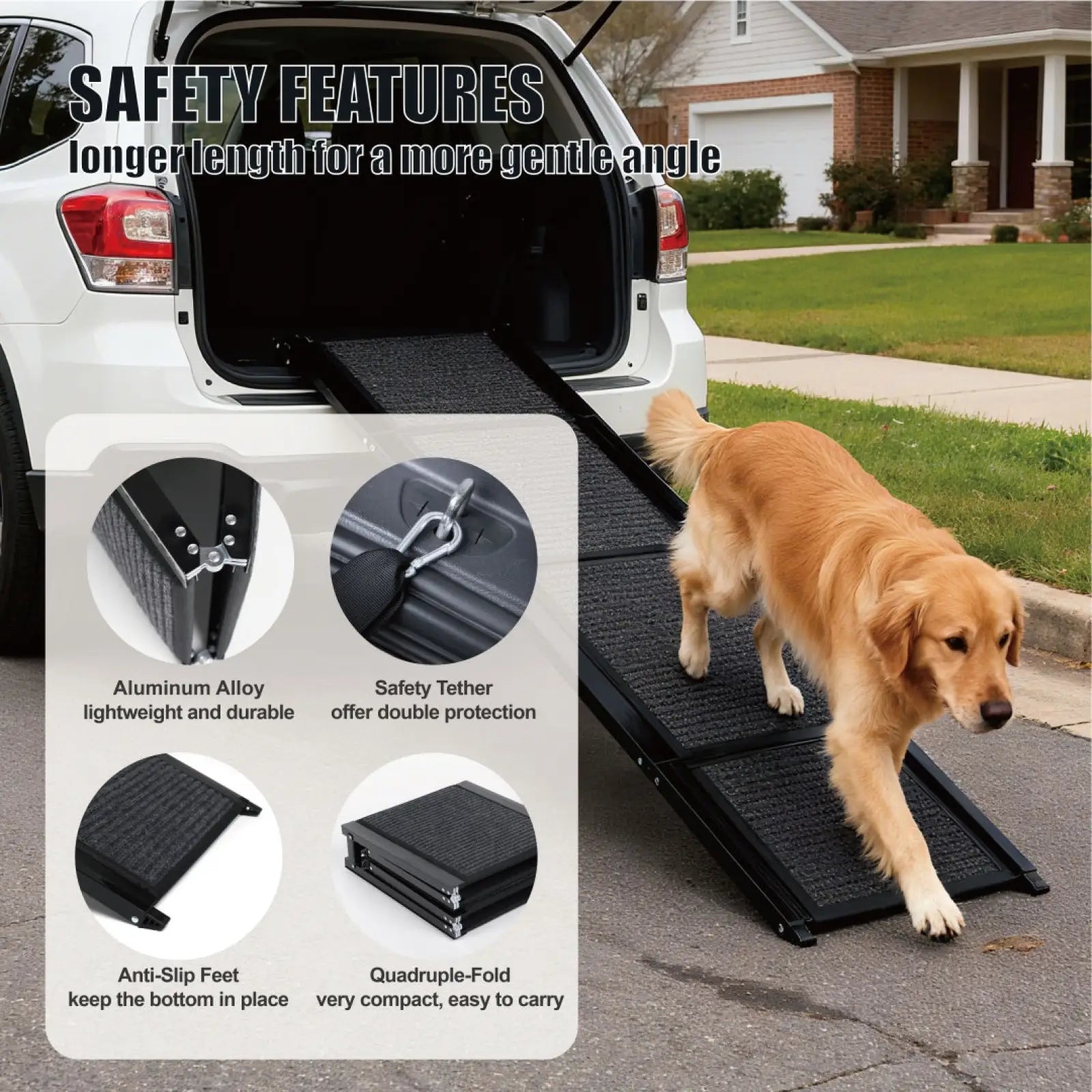 Black aluminum alloy dog car ramp with textured non-slip surface and safety tether supports up to 250lbs