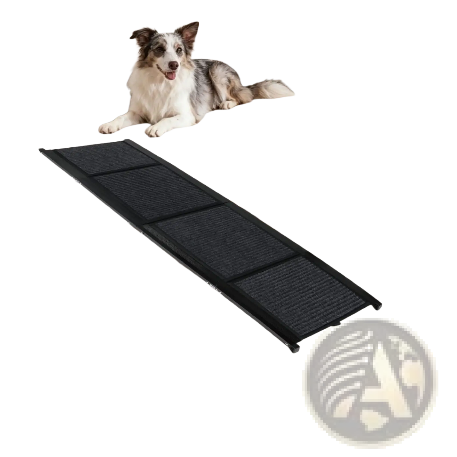 Black textured pet ramp with segmented panels and metal frame for dog car ramp folding portable pet steps 250lbs