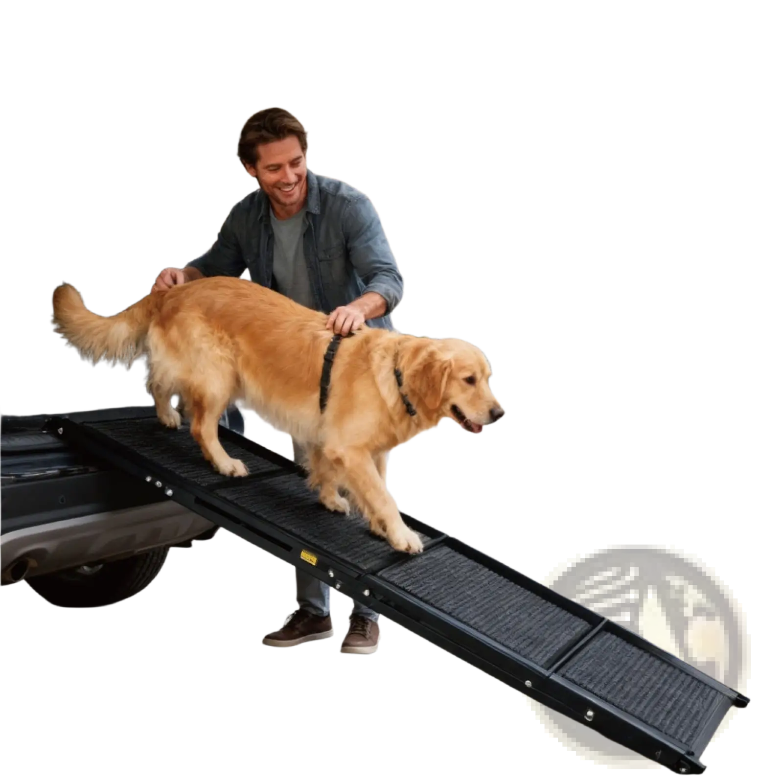 Black textured foldable dog car ramp made of durable material supporting up to 250lbs for portable pet steps