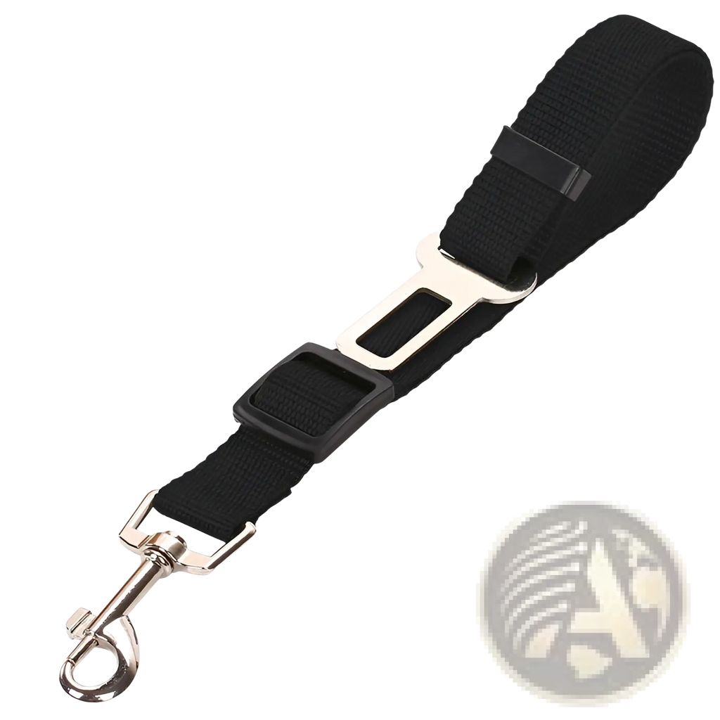 Black woven fabric dog car safety belt with silver metal buckle and d-ring adjustable pet seat leash attachment