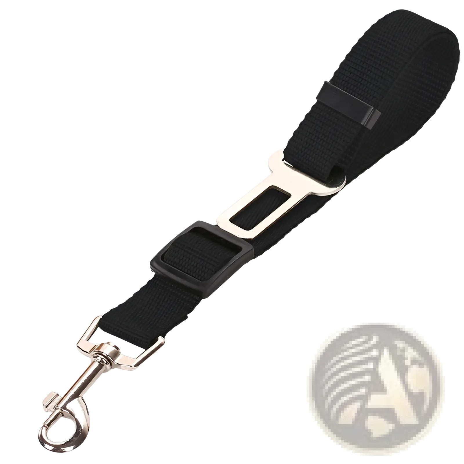 Black woven fabric dog car safety belt with silver metal buckle and d-ring adjustable pet seat leash attachment