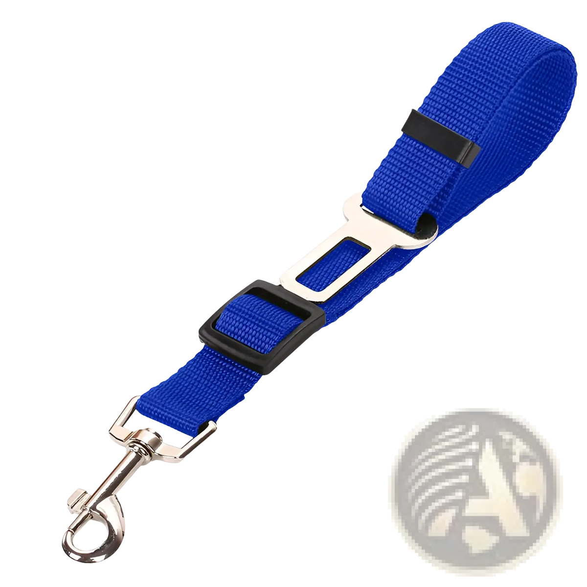 Blue nylon dog car safety belt with black plastic buckle and silver metal clasp for adjustable pet seat leash
