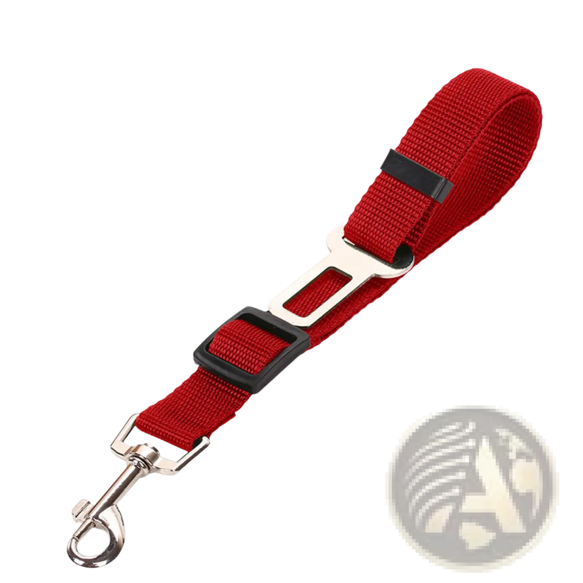 Red nylon dog car safety belt clip with black plastic buckle and silver metal clasp for adjustable pet seat leash