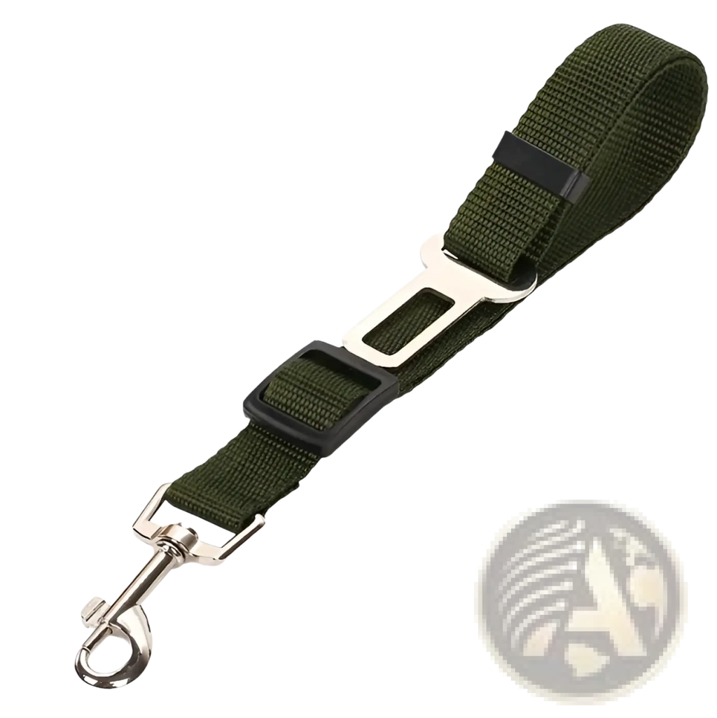 Olive green nylon dog car safety belt adjustable pet seat leash with silver metal buckle and black plastic clip