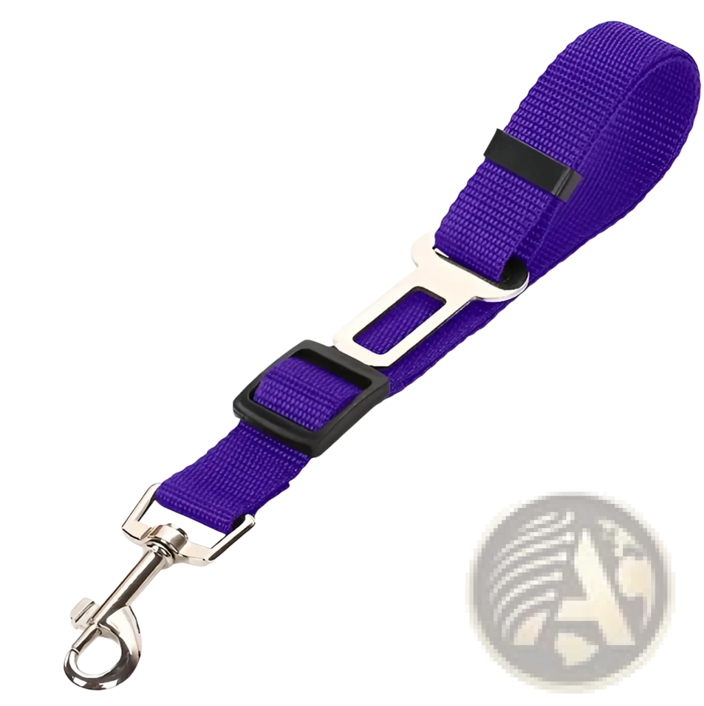 Purple woven fabric dog car safety belt extender with black plastic buckle and silver metal clasp for pet seat leash