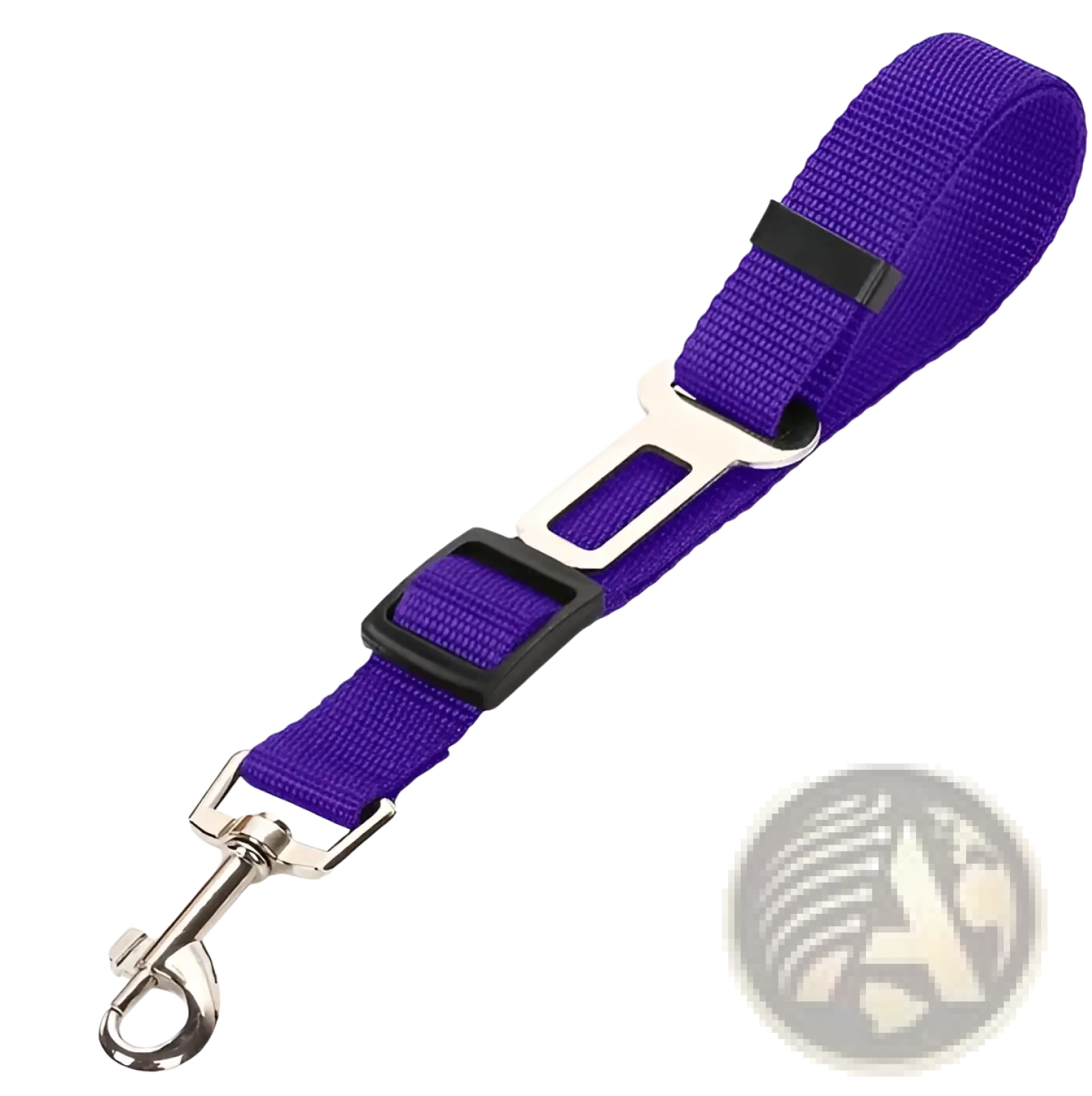 Purple woven fabric dog car safety belt extender with black plastic buckle and silver metal clasp for pet seat leash
