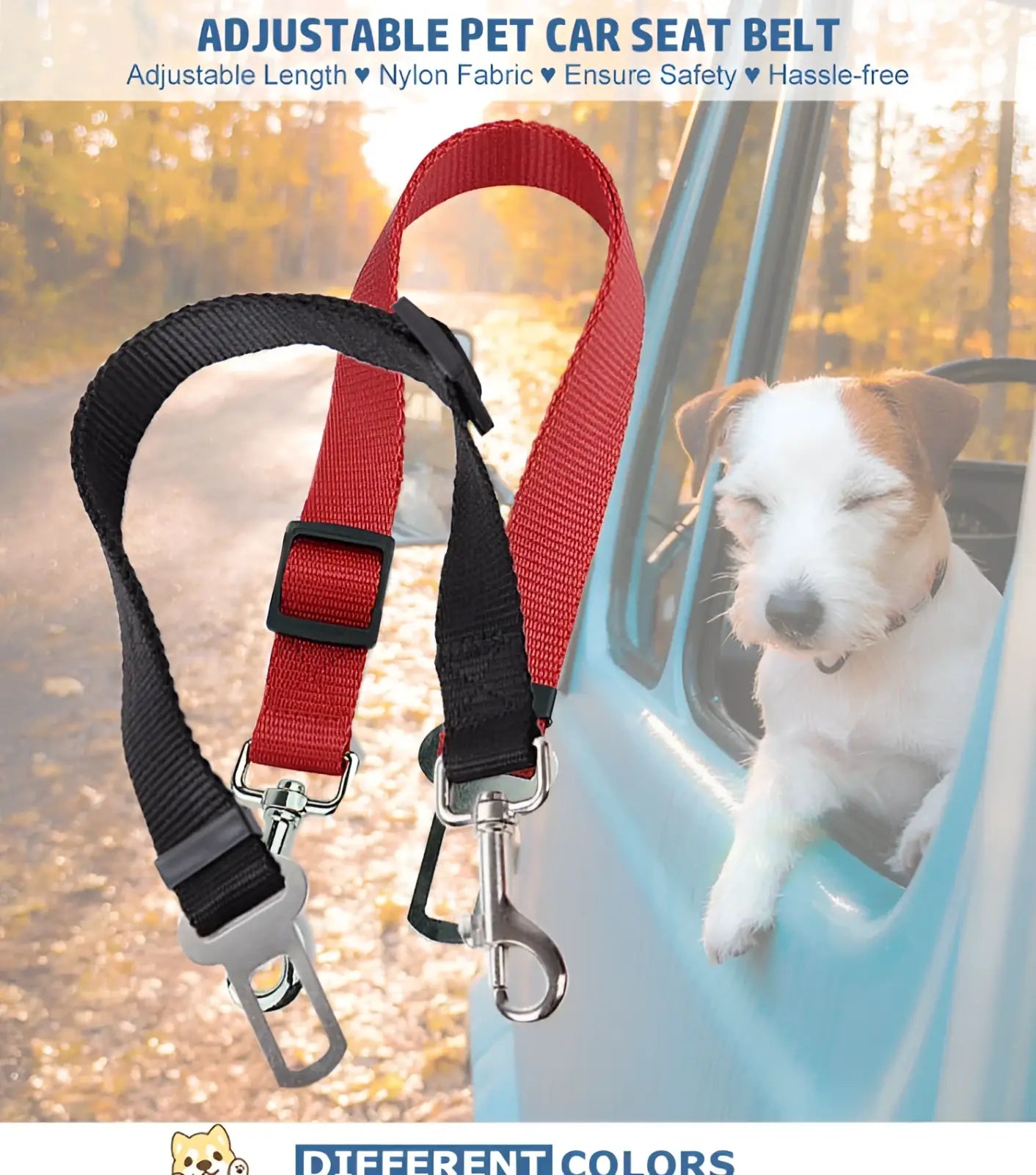 Red and black adjustable dog car safety belt with nylon straps metal buckles and safety clips for pet seat leash
