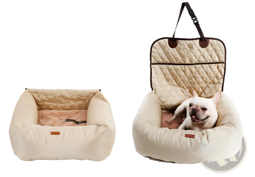 Beige quilted dog car seat bed with plush interior and brown leather accents waterproof foldable carrier