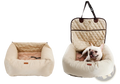 Beige quilted dog car seat bed with plush interior and brown leather accents waterproof foldable carrier