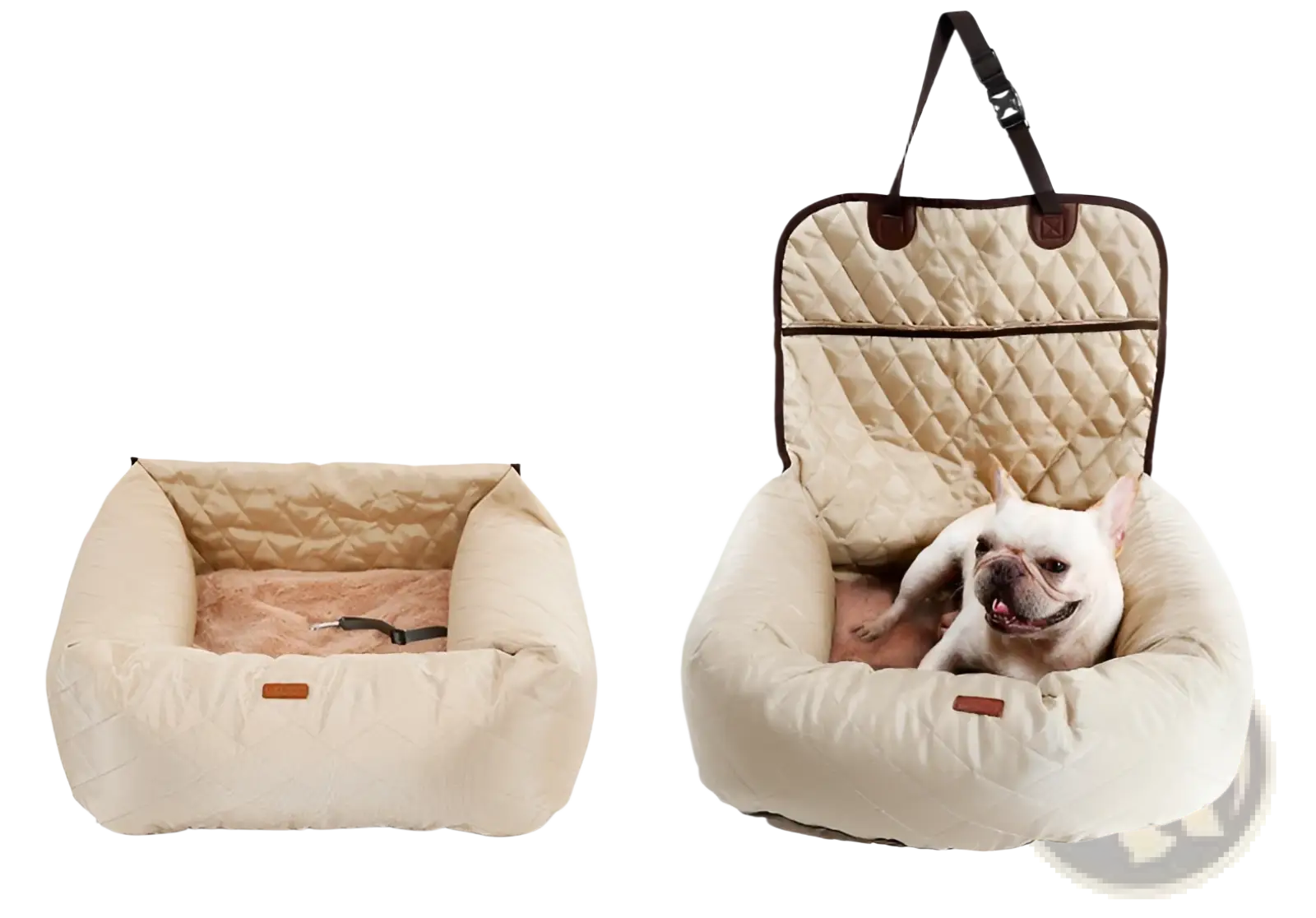 Beige quilted dog car seat bed with plush interior and brown leather accents waterproof foldable carrier