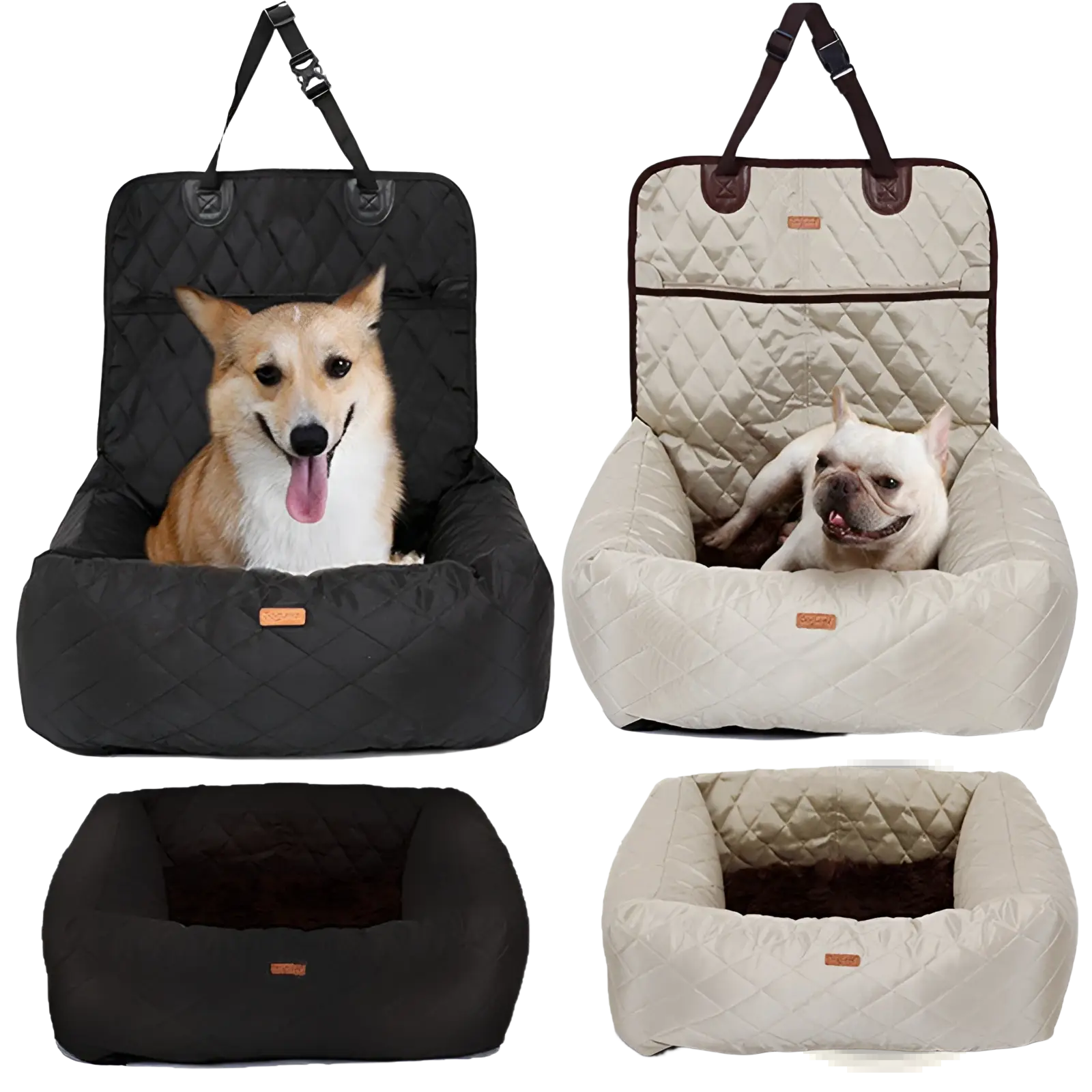 Quilted black and beige dog car seat bed with plush interiors waterproof foldable carrier for pet travel comfort